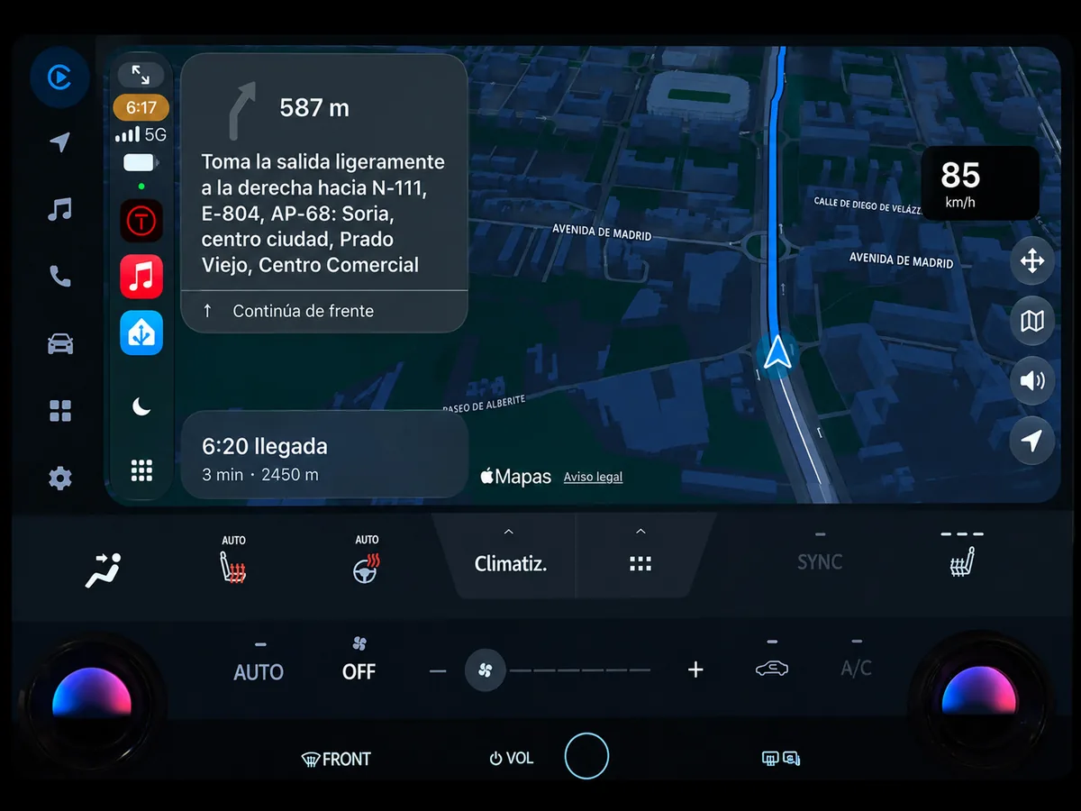 Pantalla de un coche con CarPlay mostrando el guiado en Apple Mapas: la maniobra siguiente a 587 metros —tomar la salida hacia la N-111 y la AP-68—, la velocidad a 85 km/h, la hora de llegada a las 6:20 y los mandos de climatización del vehículo debajo de la pantalla.