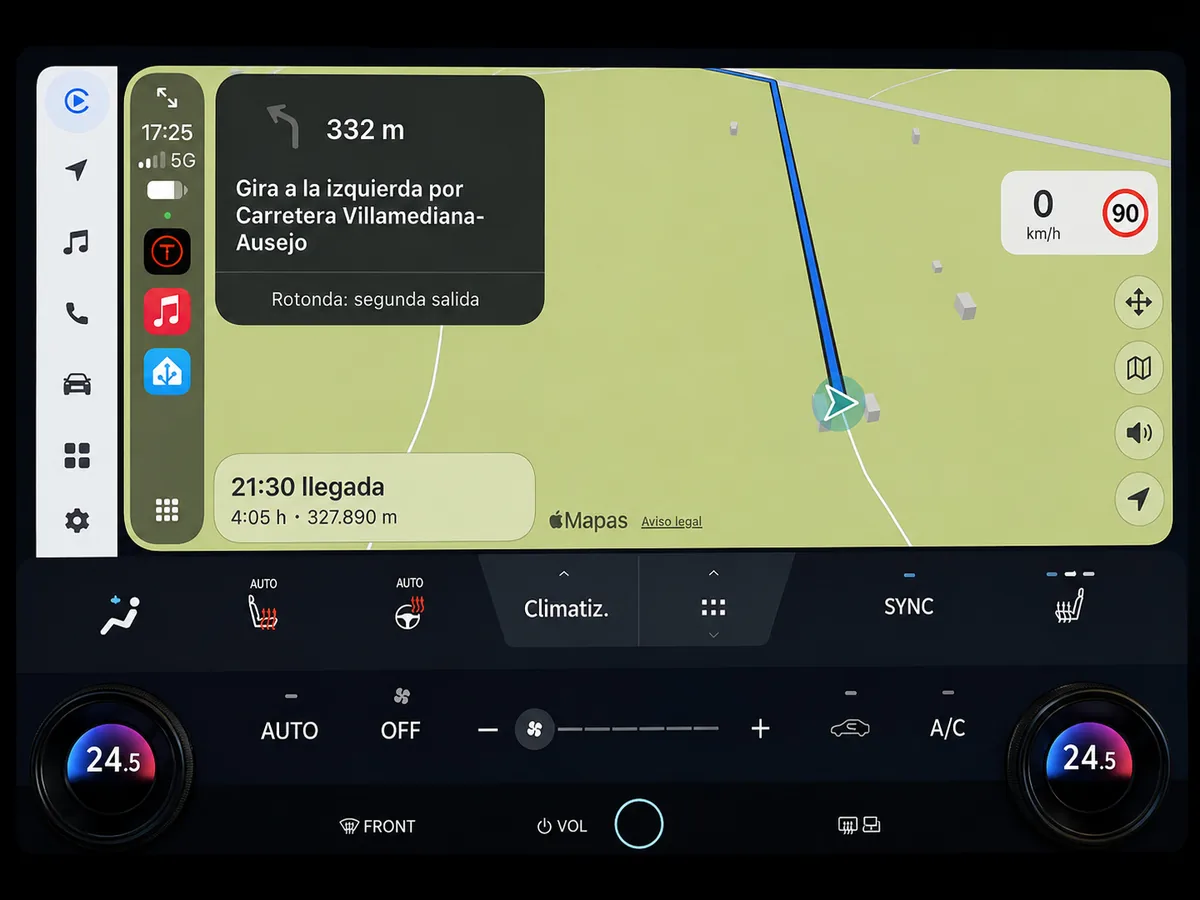 Pantalla de un coche con CarPlay mostrando el guiado en Apple Mapas durante un viaje largo: girar a la izquierda a 332 metros, límite de 90 km/h, hora de llegada a las 21:30 con 4 horas y 5 minutos y 327 kilómetros restantes.